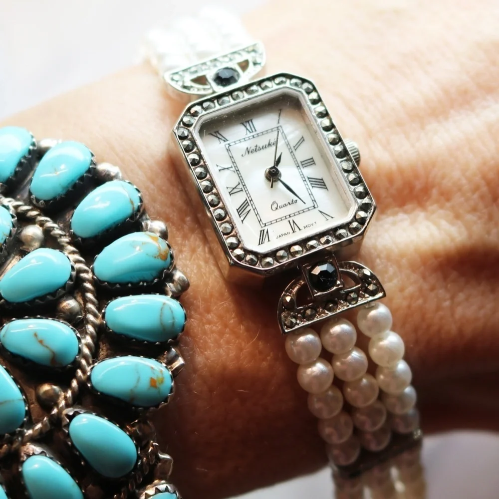 Elegant Vintage Netsuke Pearl & Marcasite Watch